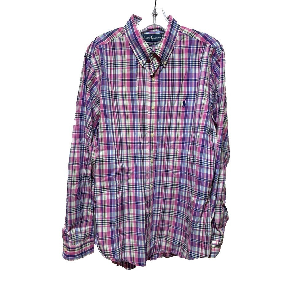 Ralph Lauren Button Down Shirt Mens L Pink Purple Plaid Custom Fit Preppy Cotton